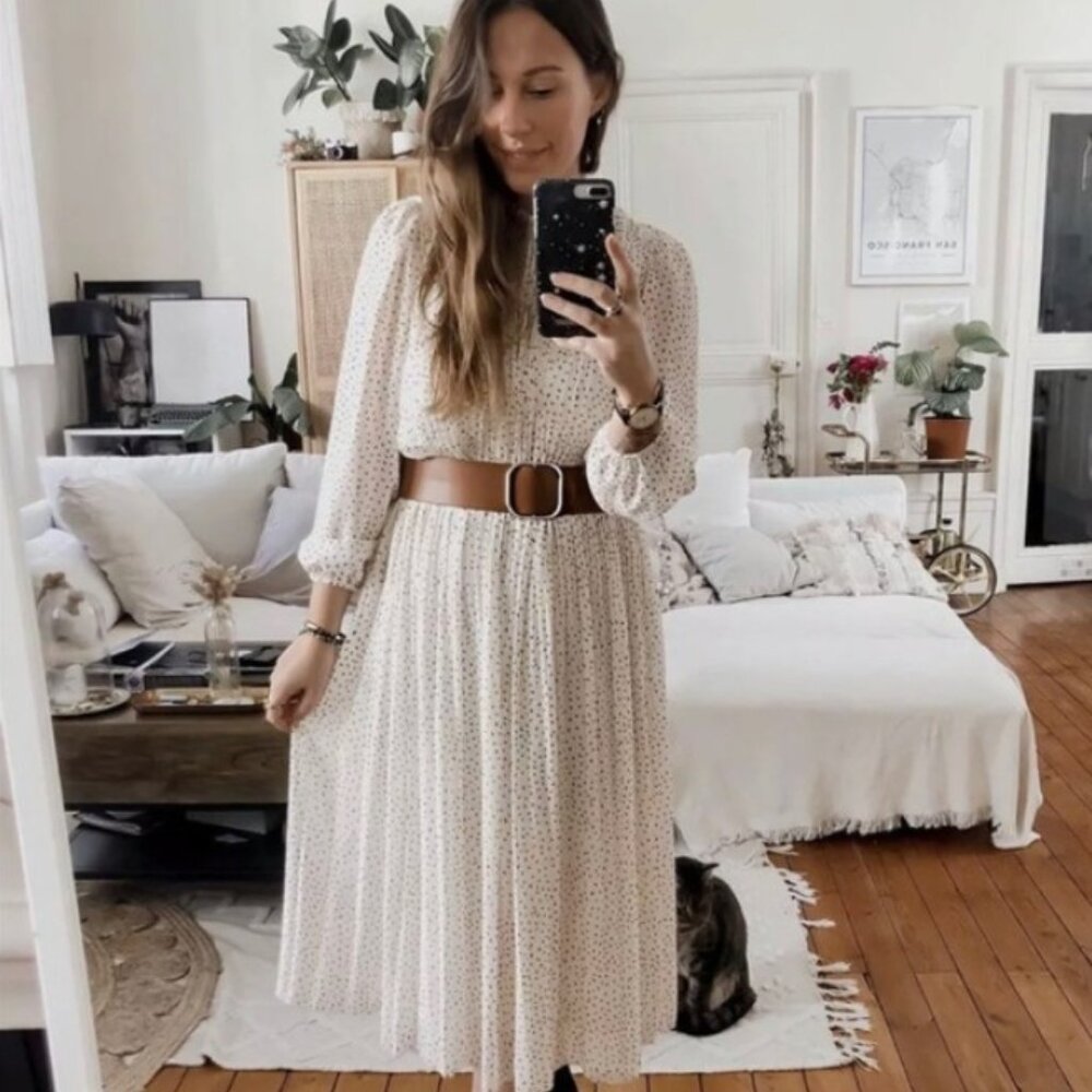 Zara Cream Midi Dress with Subtle Dot Print